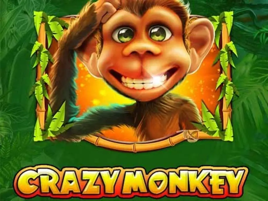 Рекламне зображення гри Crazy Monkey з усміхненою мультяшною мавпочкою в рамці з бамбуку та зелені. 