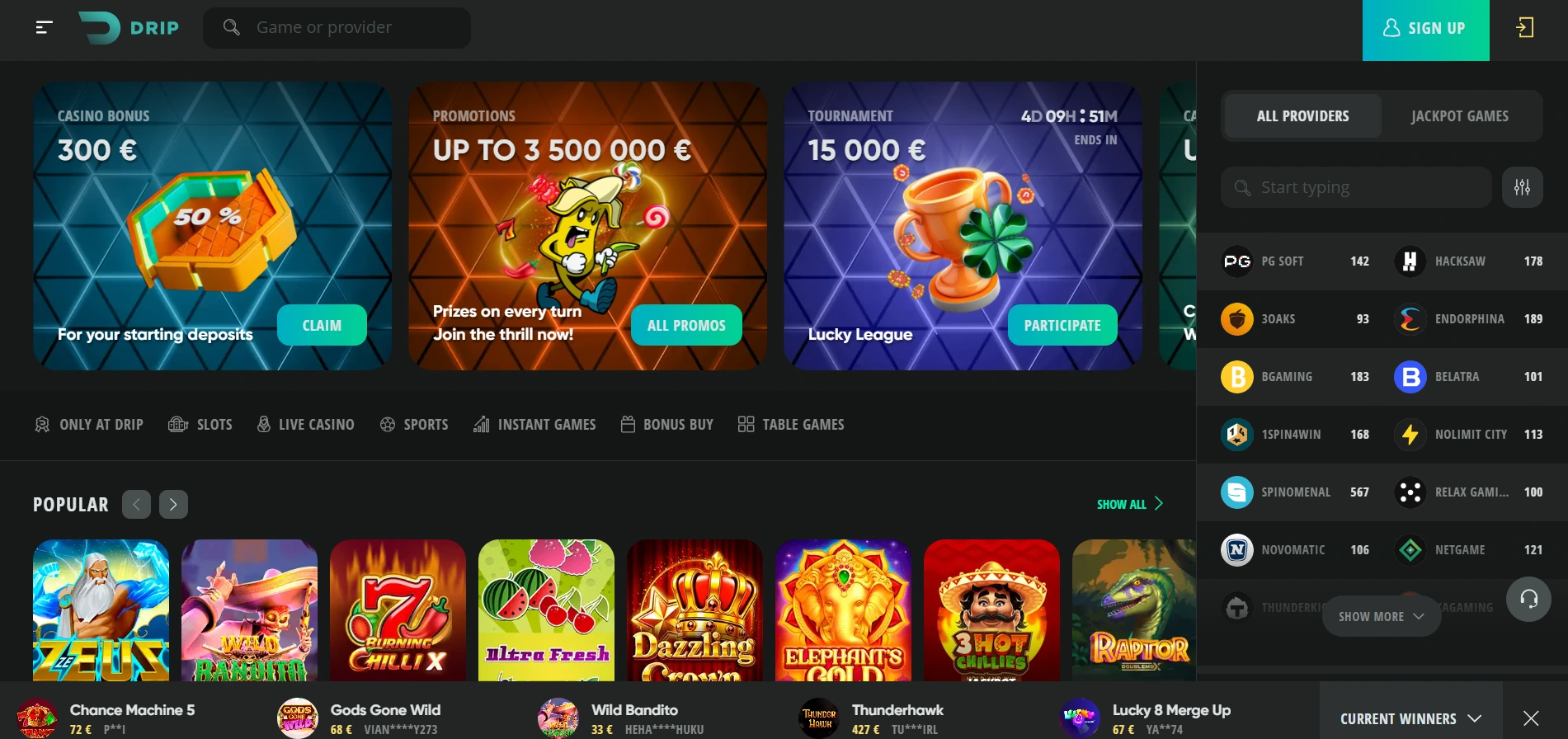 drip casino main page