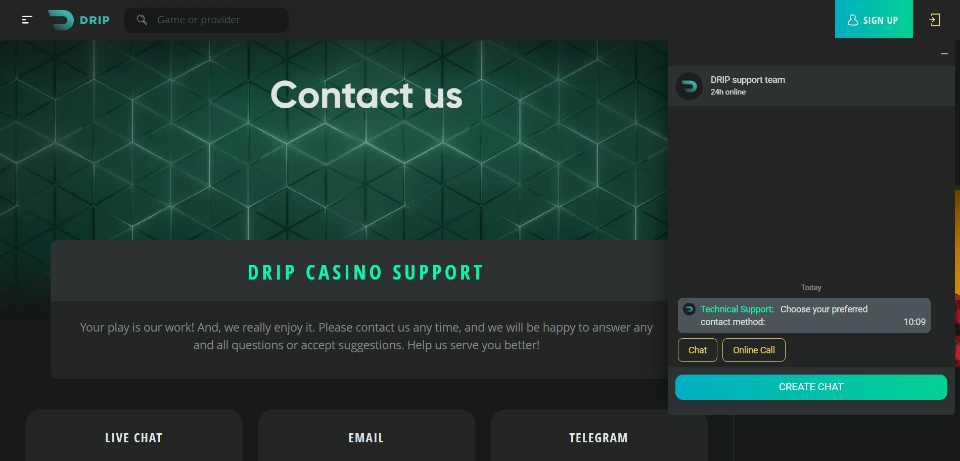 drip casino support