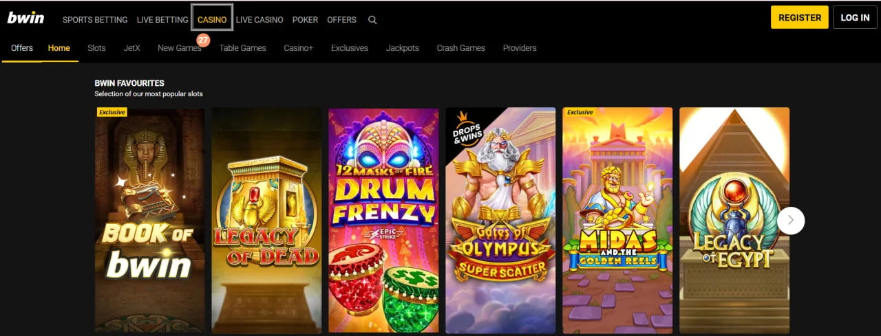 Онлайн-казино Bwin. Популярні слоти: Book of Bwin, Legacy of Dead, Drum Frenzy, Gates of Olympus, Midas, Legacy of Egypt