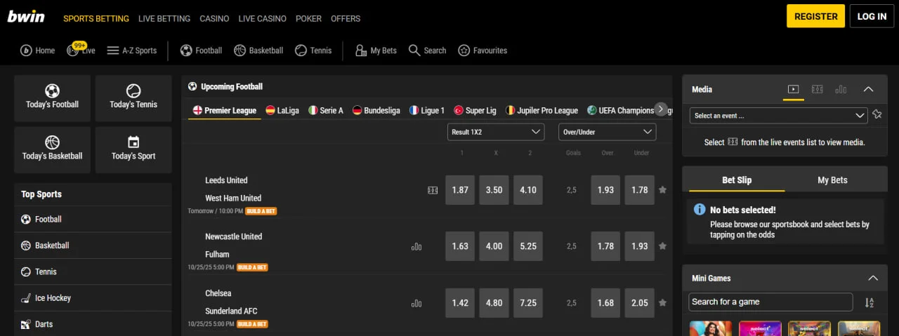 Інтерфейс платформи Bwin для ставок на спорт. Вибір футбольних матчів, коефіцієнтів, турнірів — Premier League, LaLiga, Bundesliga та інші