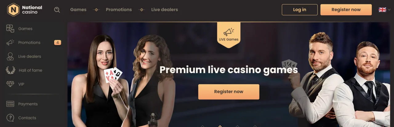 Головна сторінка National Casino з розділом Live Casino — дилери тримають карти, кнопка реєстрації на помаранчевому фоні