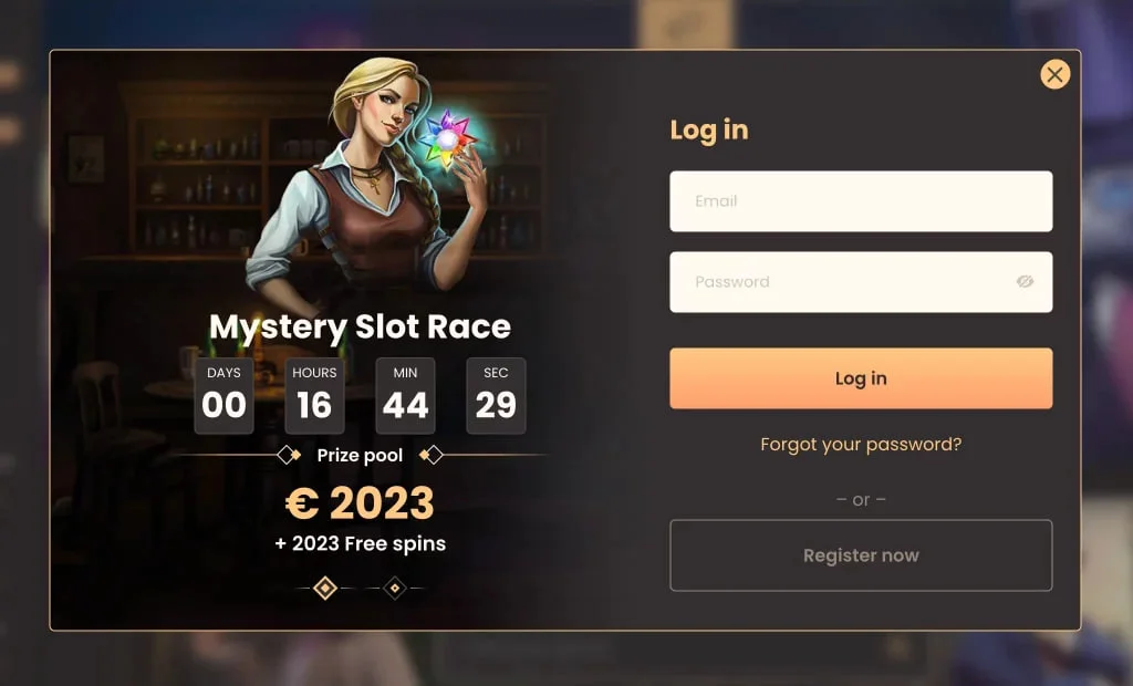 Форма входу на сайті National Casino з акцією Mystery Slot Race — призовий фонд €2023 та 2023 фріспіни