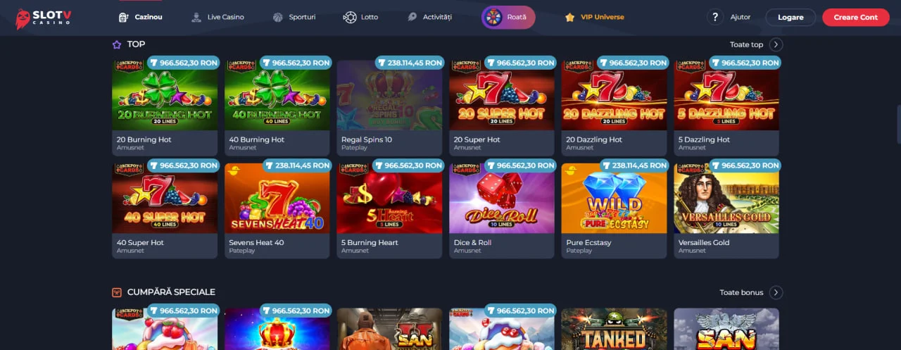 Сторінка топових слотів на SlotV Casino з іграми від Amusnet, Playson та інших провайдерів