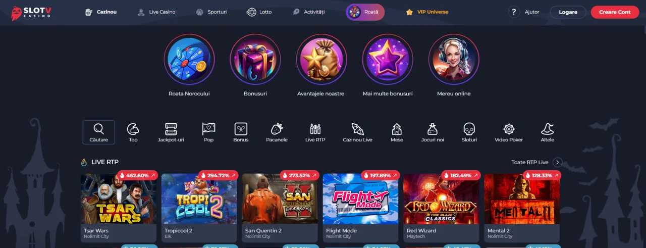 Головна сторінка SlotV Casino з іконками бонусів, меню та іграми з Live RTP
