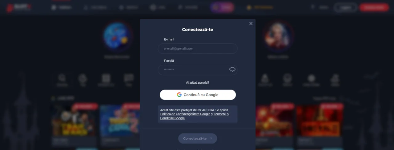 Форма входу на сайт SlotV Casino з полями для e-mail та пароля і кнопкою Google Login