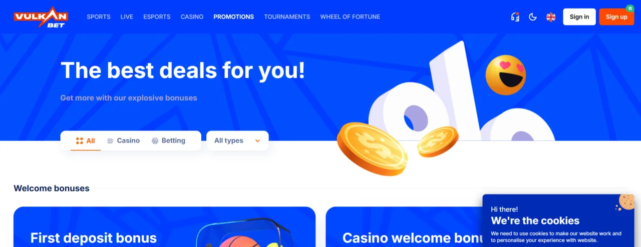 Головна сторінка сайту VulkanBet з розділом акцій, бонусами на казино та ставки. Верхнє меню з навігацією та кнопками реєстрації.