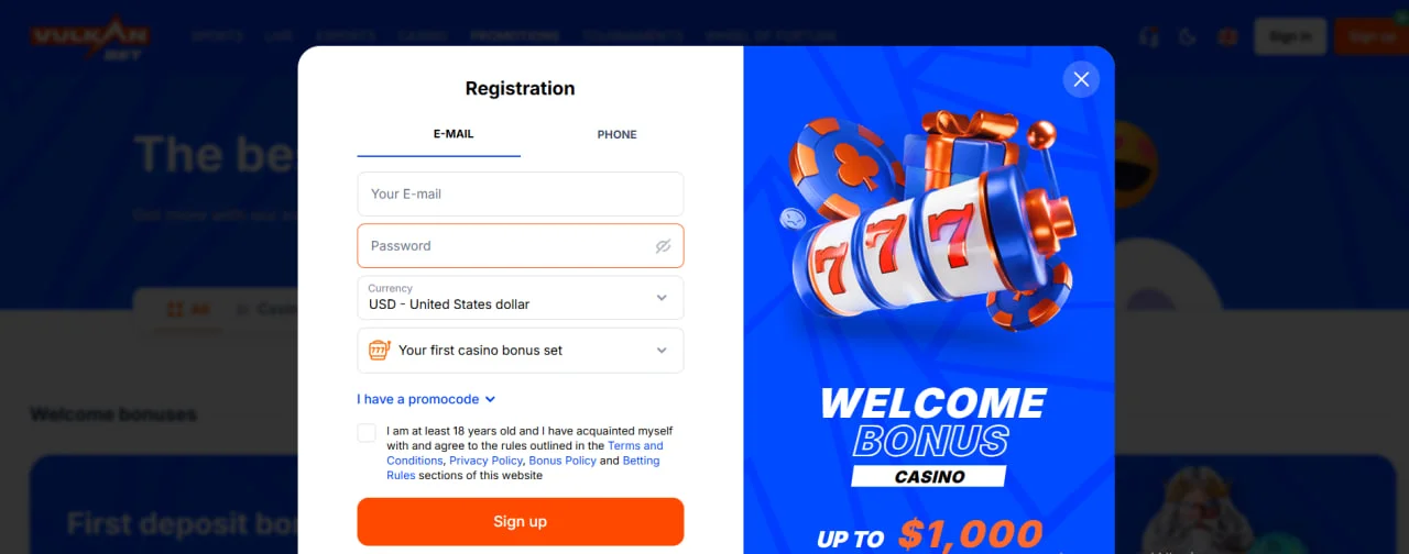 Форма реєстрації на сайті VulkanBet. Вибір між email або телефоном, поля для пароля, валюти, бонусу та промокоду. Збоку — рекламний банер вітального бонусу до $1000.