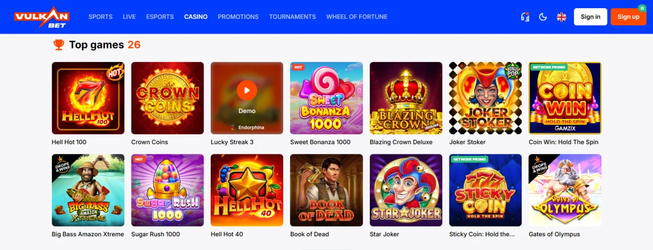 Сторінка казино VulkanBet з добіркою популярних слотів: Hell Hot 100, Sweet Bonanza, Book of Dead, Joker Stoker та інші. Видно кольорові іконки ігор у сітці.