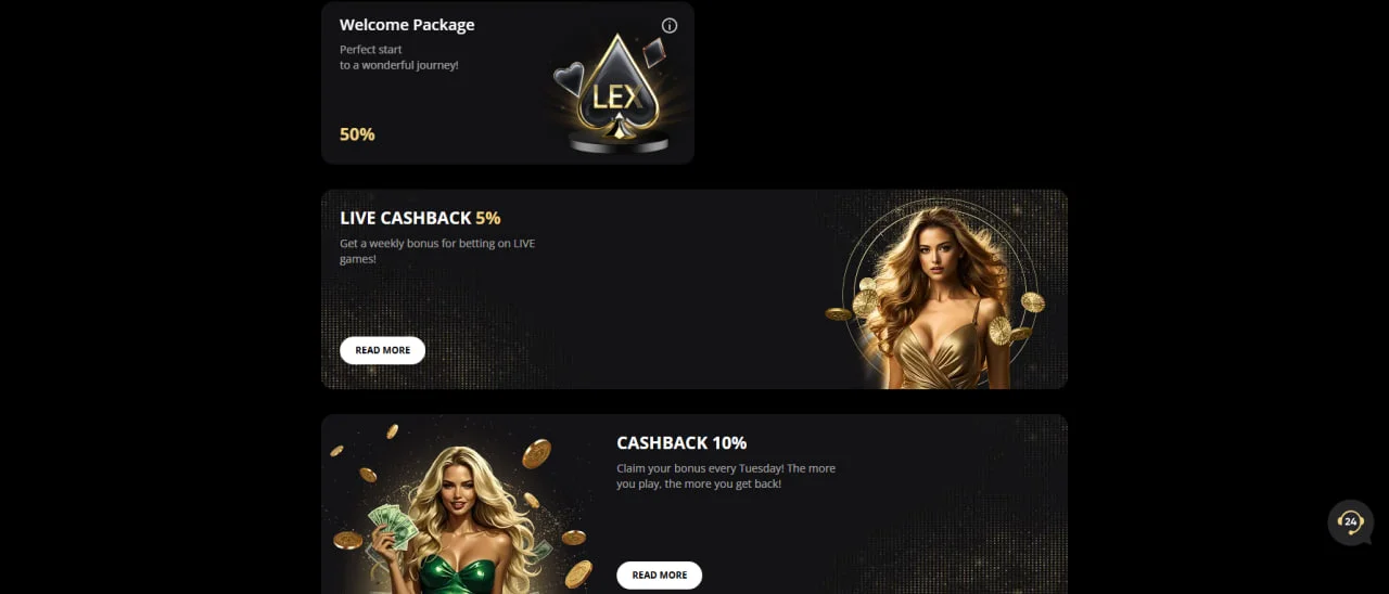Секція бонусів Lex Casino з пропозиціями Welcome Package, Live Cashback та Cashback 10%.