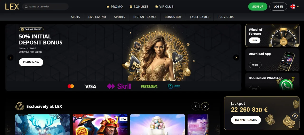 Головна сторінка Lex Casino з банером бонусу 50% та логотипами Visa, Skrill, Neteller.