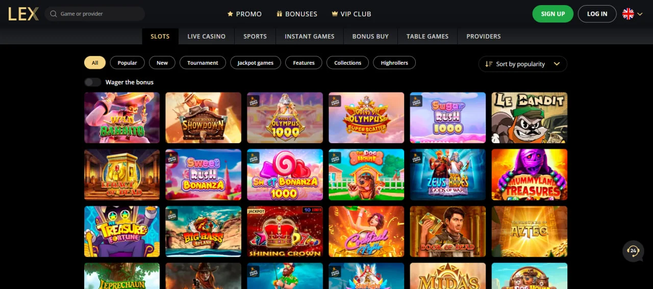 Каталог слотів Lex Casino з популярними іграми та фільтрами провайдерів.